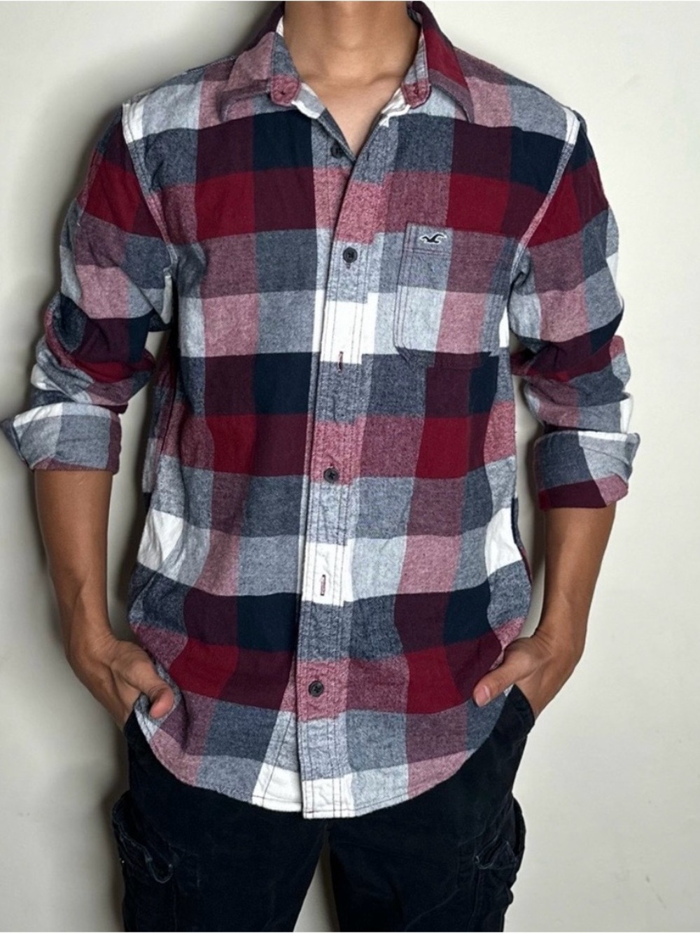 Hollister Maroon, Blue & White Plaid Button-Down Shirt